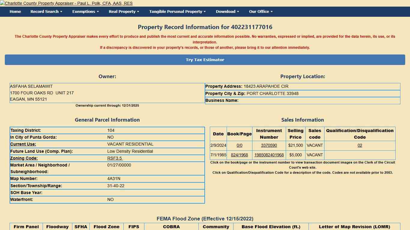 Charlotte County Property Appraiser - Real Property Record Card