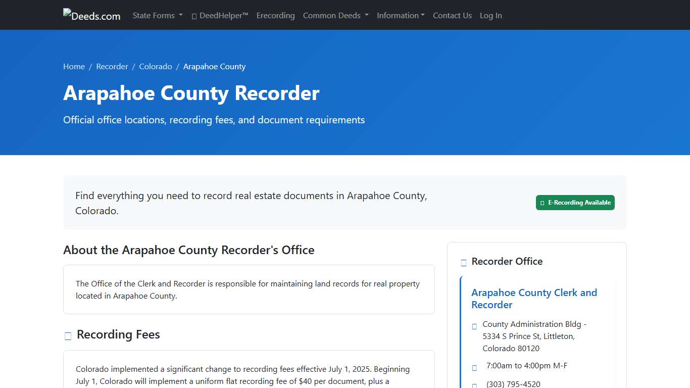 Arapahoe County Recorder Information, Colorado - Deeds.com